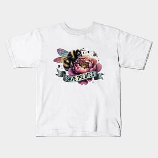 Bee peony and banner save the bee,  motivational, ways to help the earth,save planet earth Kids T-Shirt